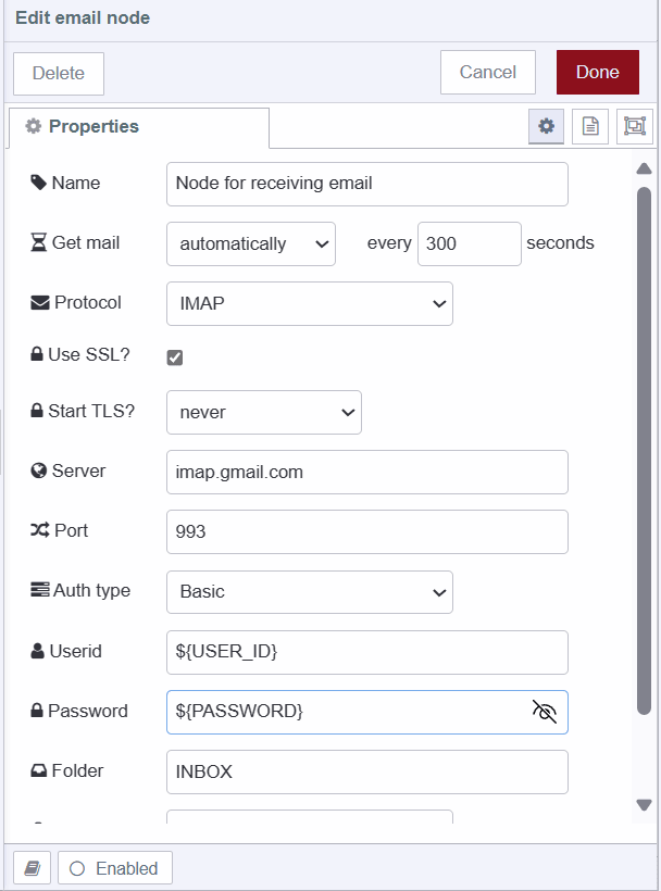 "Screenshot displaying configuration of e-mail in node for sending emails"
