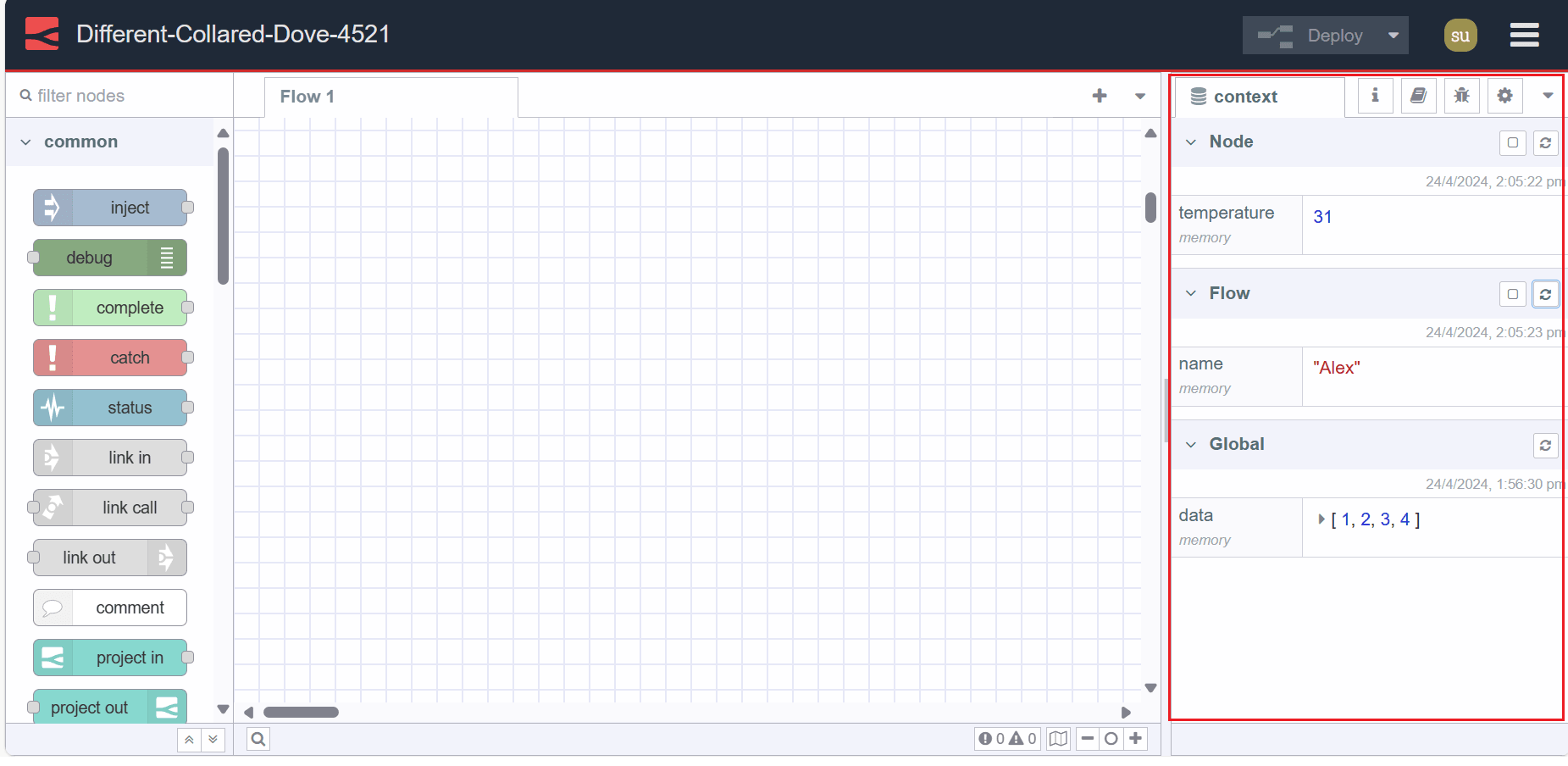 Screenshot showing Node-RED Context data tab "Screenshot showing Node-RED Context data tab"